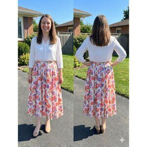 VTG Talbots 100% Silk Floral Pleated Midi Skirt Size 12 Pink Purple 90s Cottage